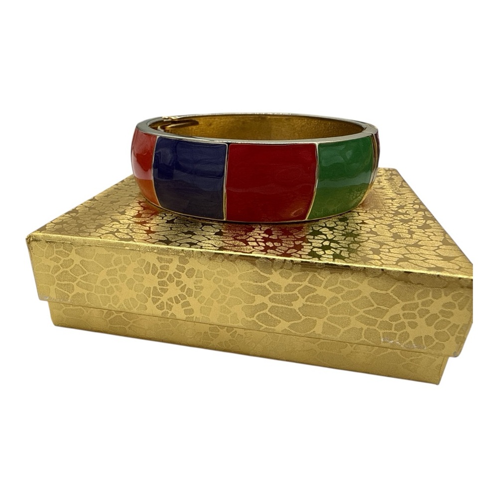 Vintage Colorful Enamel Bangle Hinge Bracelet - Size 7.5”